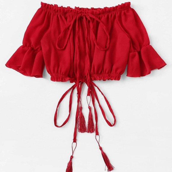 NEW Red Tassel Drawstring Off Shoulder Crop Top XL - Picture 3 of 6